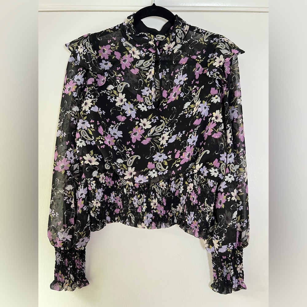 ASTR Floral Blouse Long Sleeve Ruffle Shoulder Black Purple Green Semi Sheer Med - Picture 12 of 14